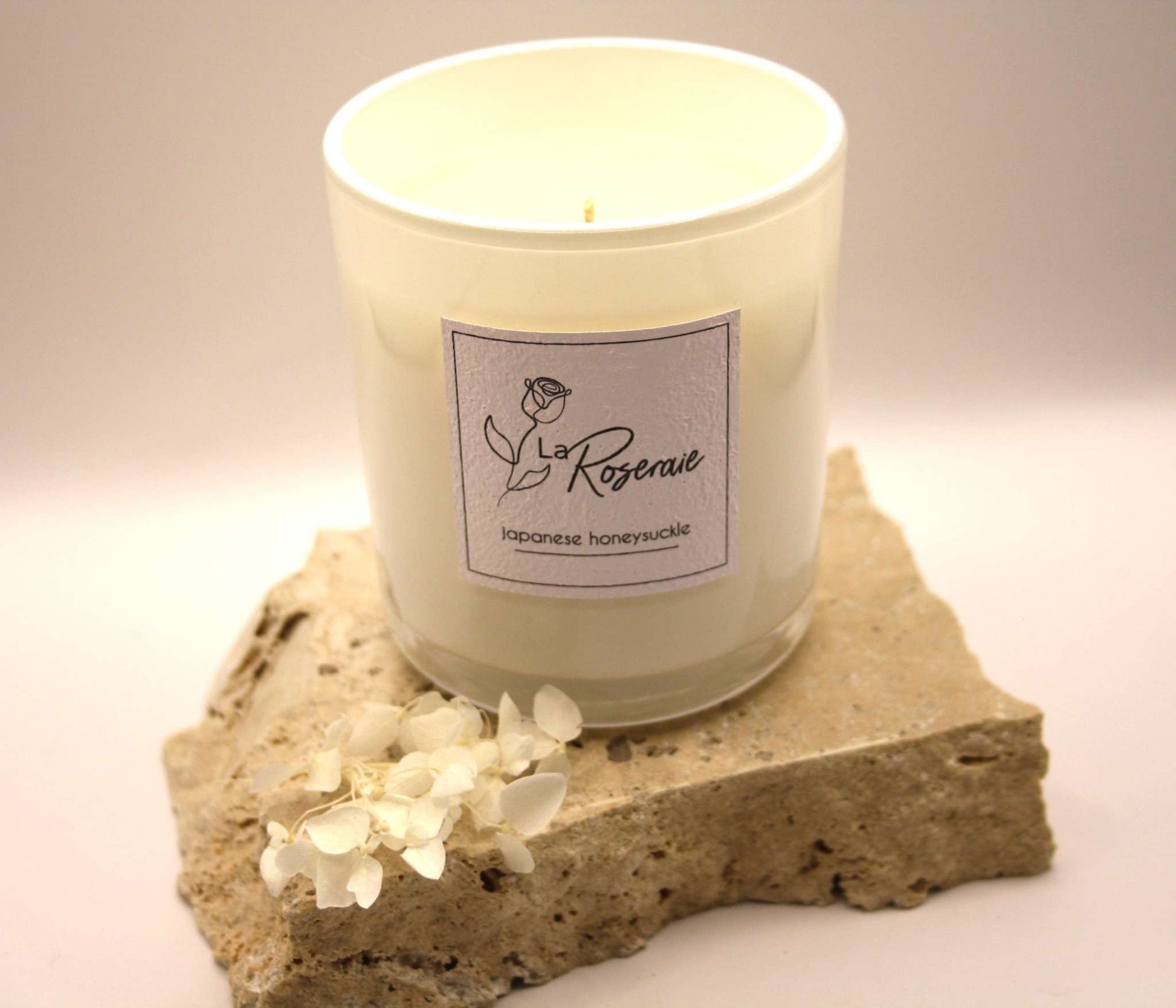 White Classic Collection Large Candle soy candle in gloss white jar with matching natural timber lid.  Japanese Honeysuckle fragrance.
