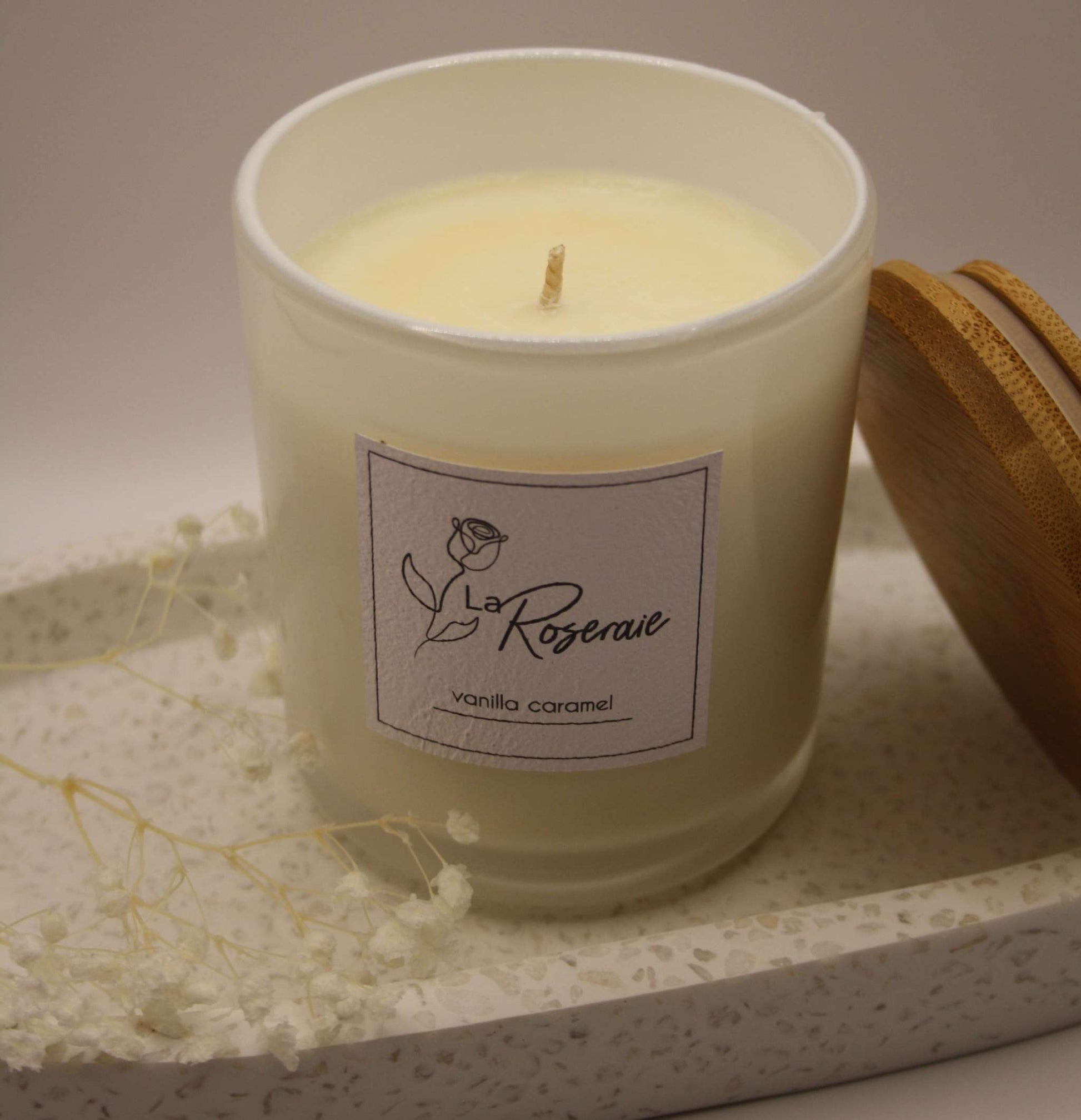 White Classic Collection Large Candle soy candle in gloss white jar with matching natural timber lid.  Vanilla Caramel fragrance.