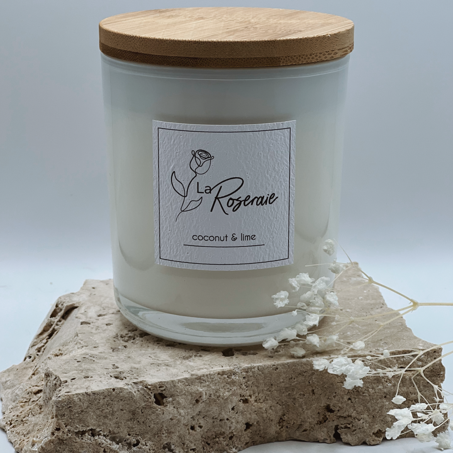 White Classic Collection Large Candle soy candle in gloss white jar with matching natural timber lid.  Coconut Lime fragrance.